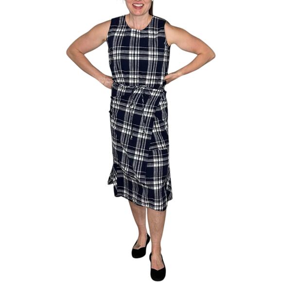 CARON CALLAHAN Blue White Plaid Wrap Midi Dress Women's Size Small Cotton Knit - Picture 1 of 8
